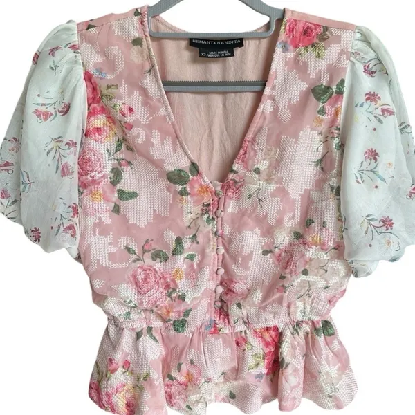 Anthropologie Hemant & Nandita Pink Embroidered Rose Garden Peplum‎ Blouse XS - Image 3