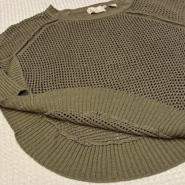 Anthropologie YOON Olive Green Open-Weave Crewneck Raglan Sleeve Poncho Sweater - Image 6
