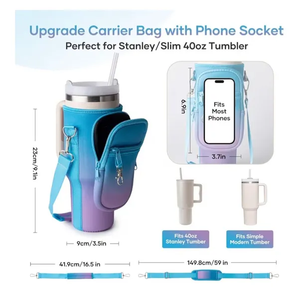 Water Bottle Carrier w/ Phone Pocket Insulated Neoprene Holder Crossbody Strap - Image 8