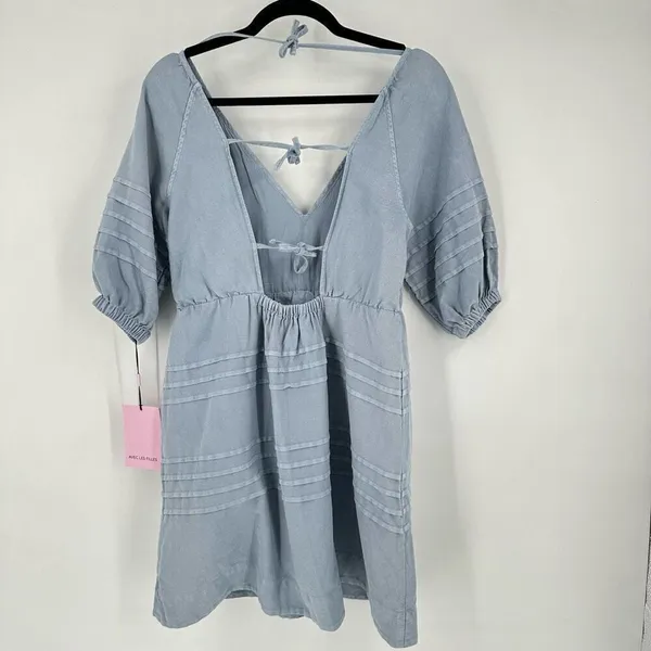 NWT Avec Les Filles‎ Women's Tie Back Puff Sleeve Babydoll Dress Blue Size Small - Image 4
