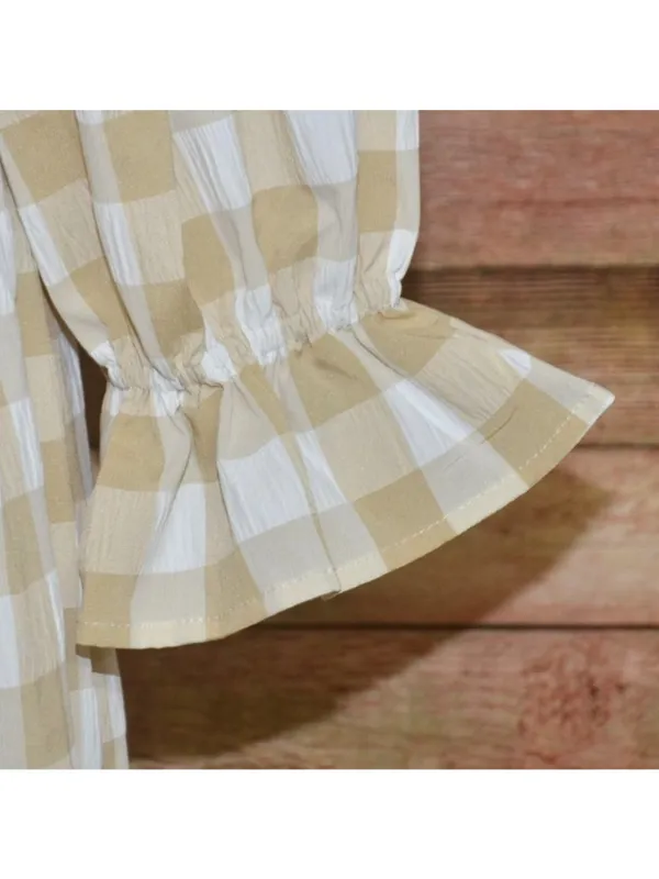 NWT Mud Pie Large Byerly Midi Dress Tan Gingham Plaid Smocked Cottagecore Ruffle - Image 4