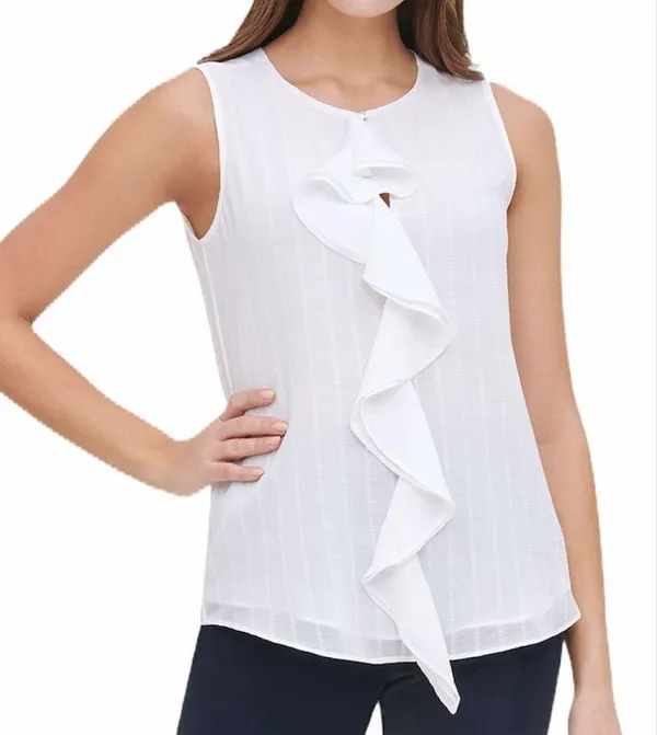 TOMMY HILFIGER White Sleeveless Ruffle Front Top M Lined Blouse - Image 2