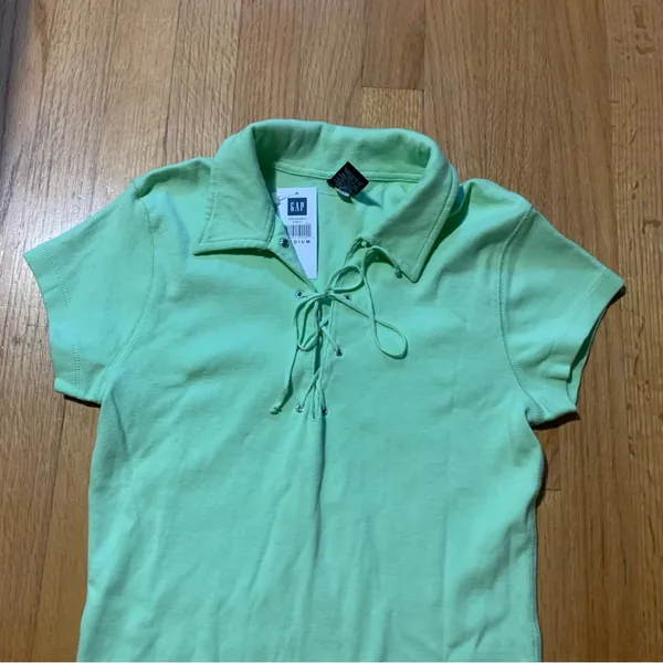 Gap 2003 Retro Collared Shirt String Closure Light Green Women's Medium - Image 13