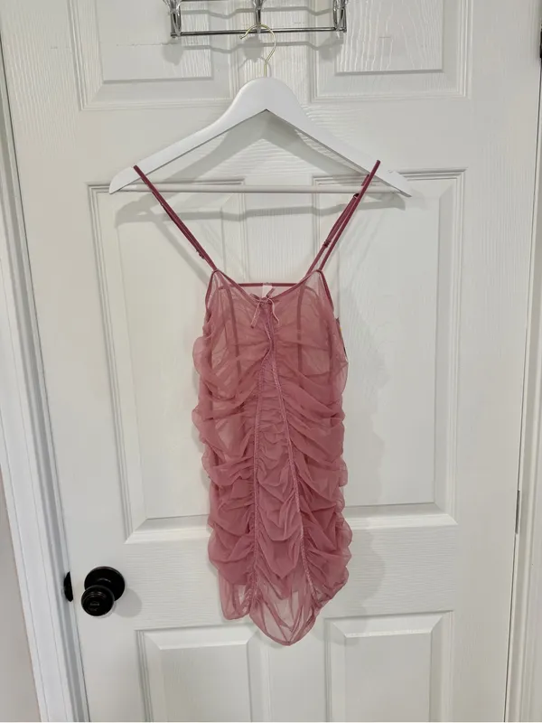 NEW Auden Pink Ruched Mesh Slip Dress Sheer Tulle Bow Front Romantic Lingerie - Image 6