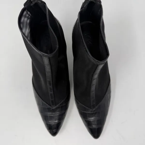 LOGO Croc Embossed Mesh Pointed Toe Block Heel Ankle Boot Black Women Size 6 - Image 4