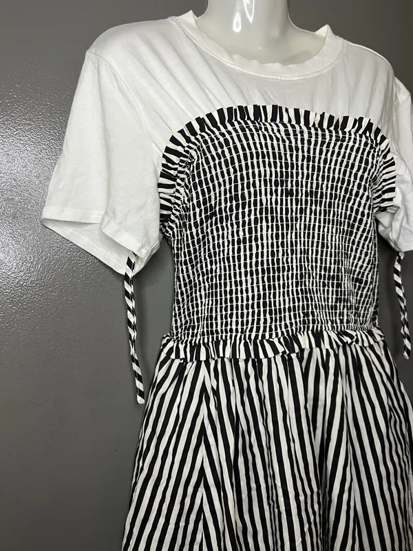Maeve Anthropologie Dress Womens Petite Medium Black White Striped Smocked Midi - Image 4