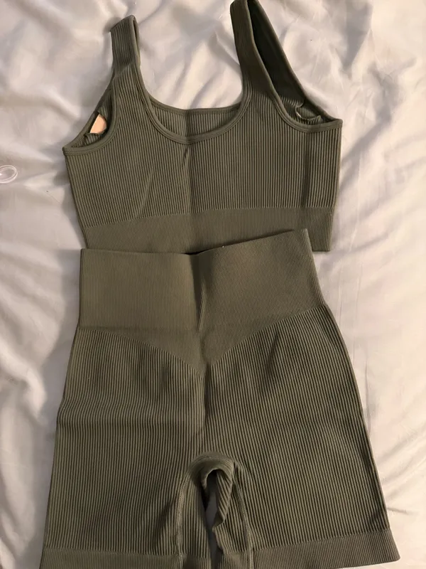 Olive Green Ribbed Sports Bra Bike Short Matching Set - Image 2