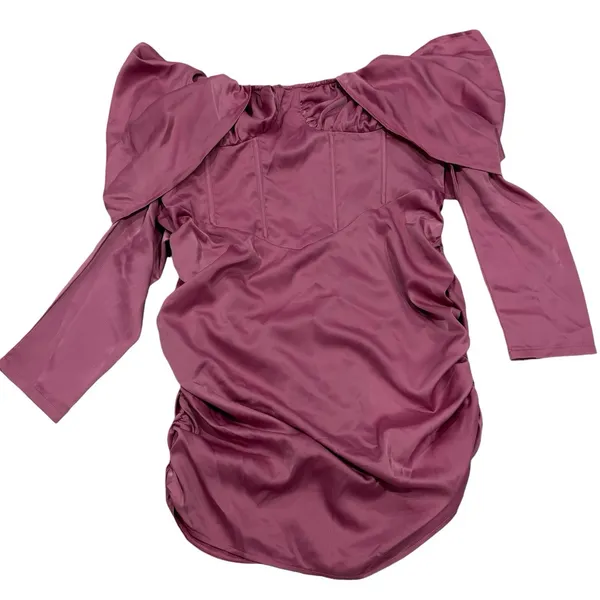 PrettyLittleThing Pink‎ Satin Drape Bardot Sleeve Ruched Back Bodycon Dress 16 - Image 2
