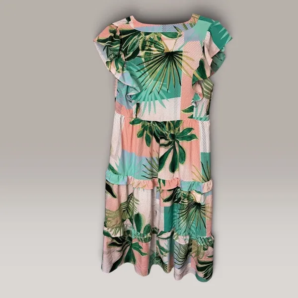 Entro Tropical Palm Leaf Print Ruffle Tiered Midi Dress V-Neck Green Pink S - Image 3