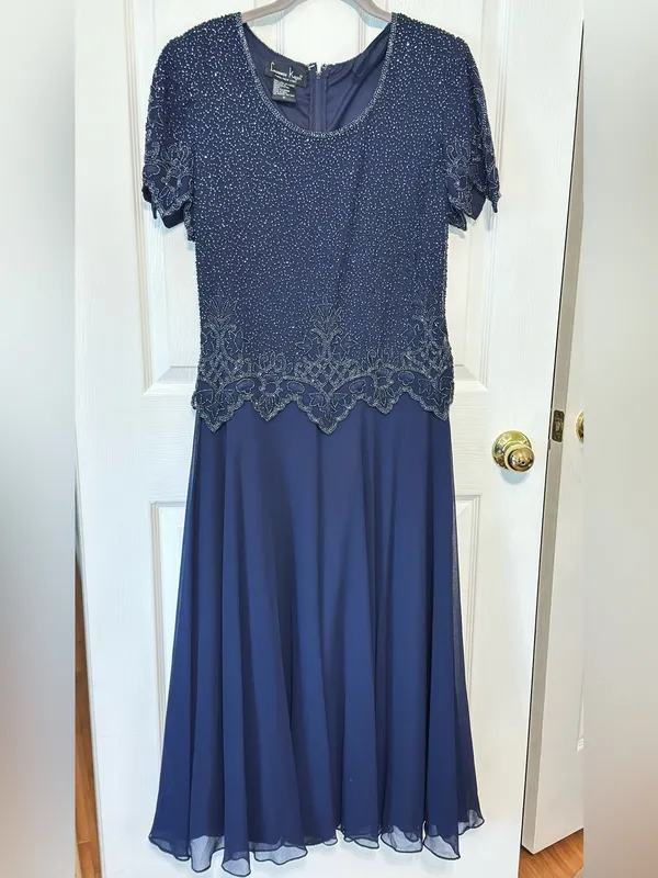 Laurence Kazar Navy Beaded Evening Dress Maxi Gown Sheer Overlay Formal M - Image 2