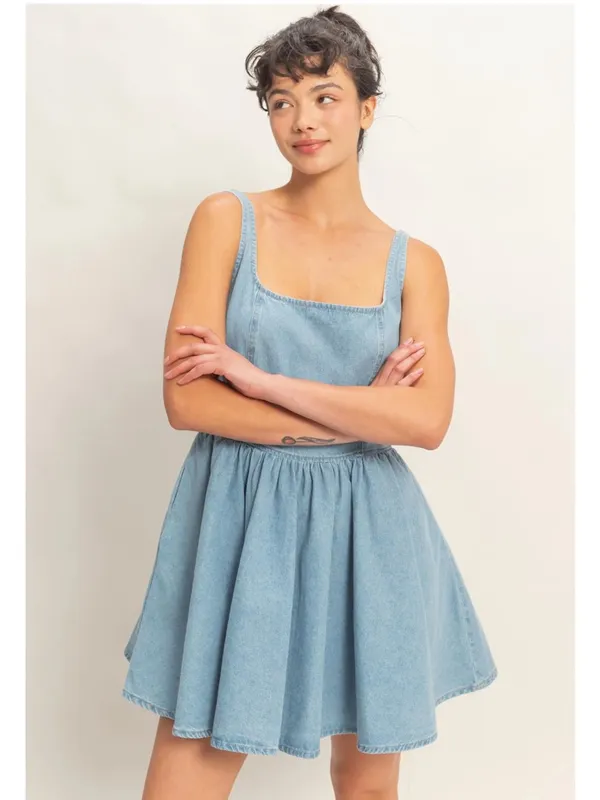 NEW Double Zero Scoop Neck Denim Mini Dress Large 100% Cotton Size L - Image 6