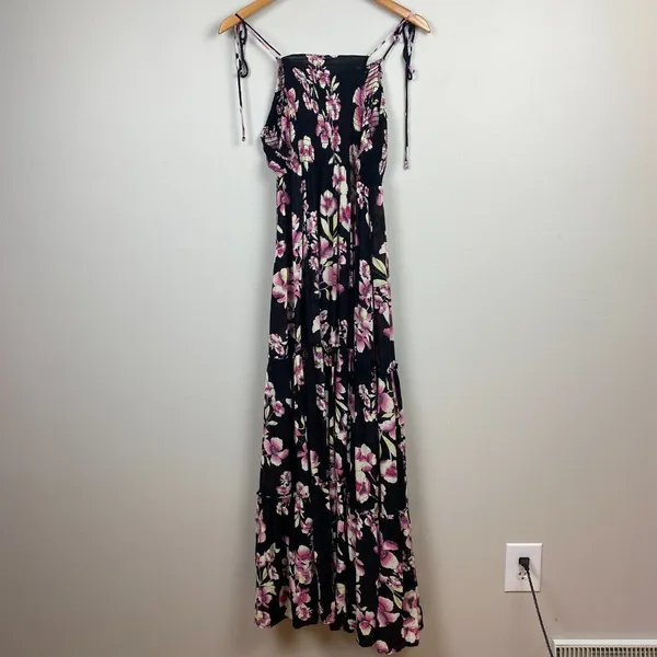 Intimately Free People Garden‎ Party Floral Maxi Dress S Smocked Black Pink Tie - Image 6