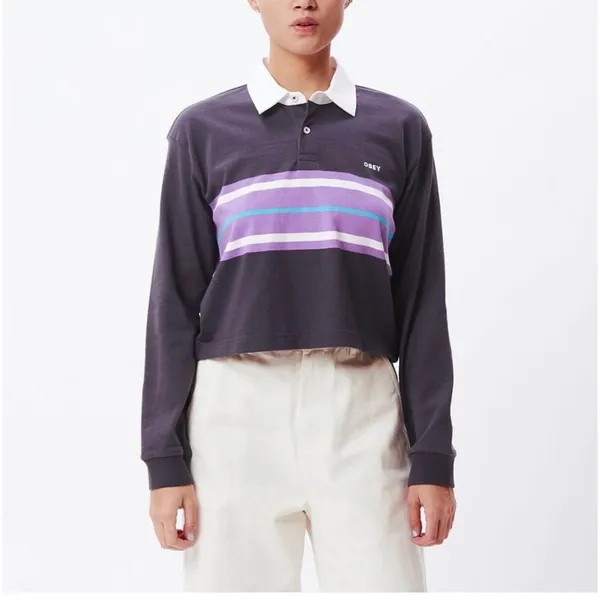 OBEY Riley LS Polo purple cropped oversized striped rugby 100% cotton size XL - Image 2