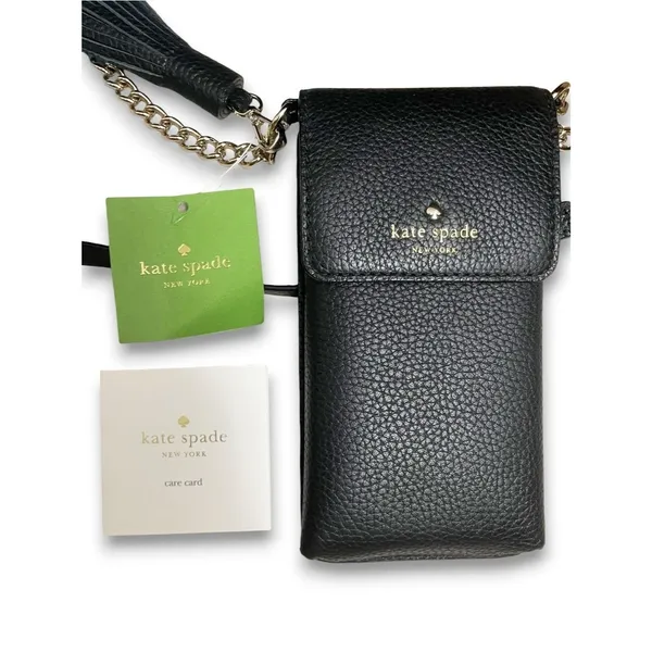 NWT Kate Spade North South Pebbled Leather Phone Crossbody Black Tassel Travel - Image 9