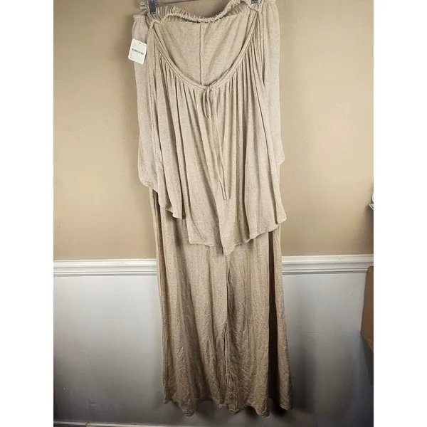 NWT Free People Beach Womens Oatmeal Wide Leg Linen Blend Halter Jumpsuit Large - Image 2