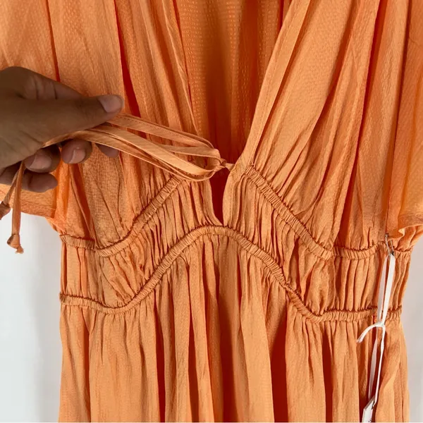 Young Fabulous & Broke Mara Dress Orange Plunging V-Neck‎ Satin Tiered Maxi M - Image 7