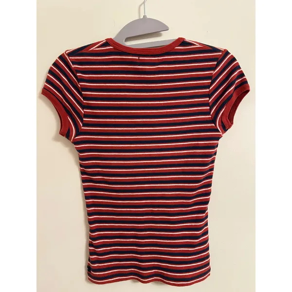 Vintage Y2K Abercrombie & Fitch Lace-Up Striped Baby Tee Rare Medium red blue‎ - Image 6
