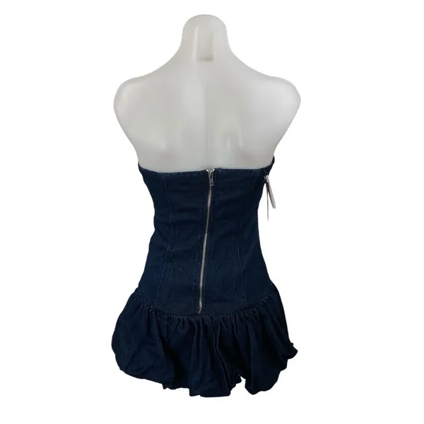 NEW PrettyLittleThing Blue Strapless Tube Bandeau Ruffle Mini Denim Jean Dress 2 - Image 4