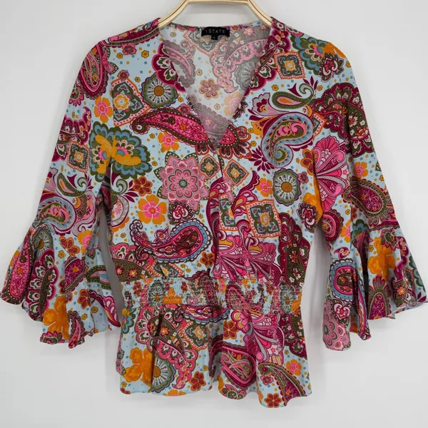 1.STATE Paisley Bell Sleeve Peplum Blouse Large Blue Pink Boho Festival‎ Hippie - Image 2