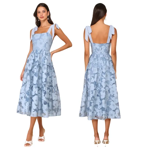 Lulus Proof of Perfection Blue Floral Tiered Tie-Strap Midi Dress size L NWT - Image 2