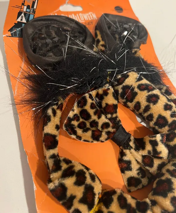 Cheetah Leopard Cat Ears Black Brown Tail Bow Halloween Costume Set Pack - Image 3