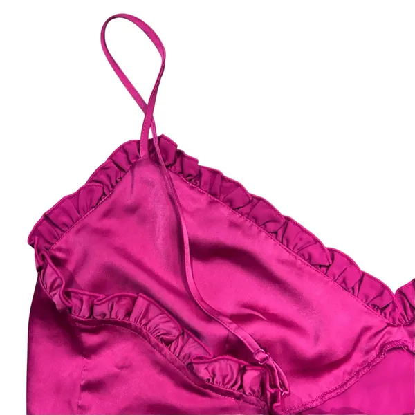 H&M Mini Baby Doll Slip Dress Ruffles Flowing Y2K Boho Satin Fuchsia SZ XL - Image 6