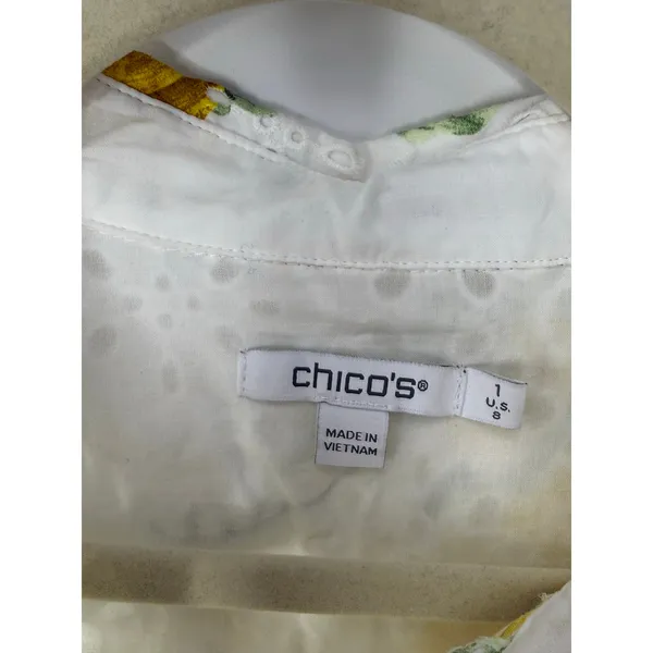 Chico’s Floral Eyelet Button-Front Puff Sleeve Blouse White Yellow Size 1 (US 8) - Image 6