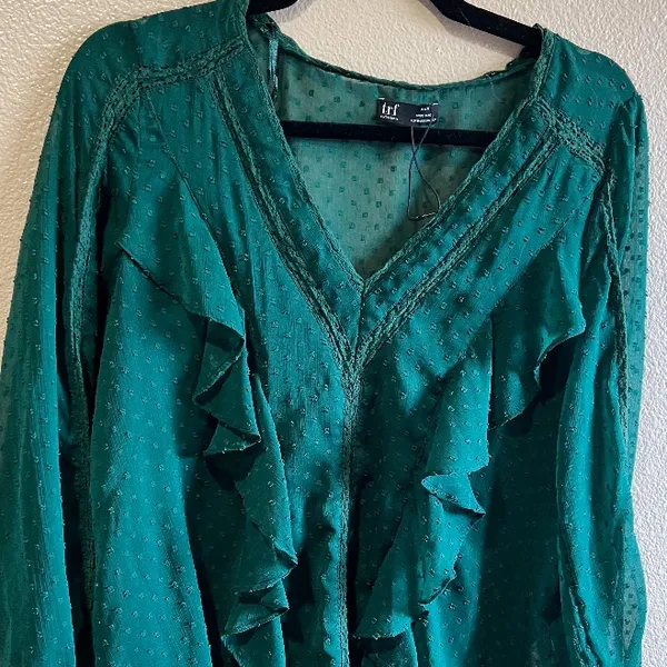 Zara Olive Green Ruffled V-Neck Blouse size‎ medium work career lightweight - Image 2