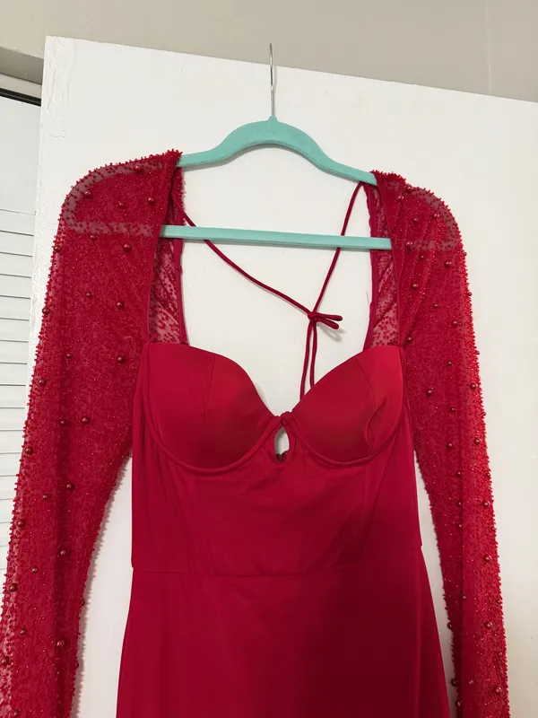 Oh Polly Embellished Side Split Maxi Dress in Red - Image 5
