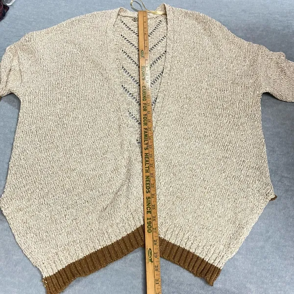 Democracy‎ Open Cardigan Women's XL Beige Gold Lurex Open Knit Sweater - Image 9