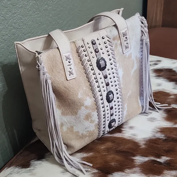 Neutral Cowhide Fringe Satchel Tote - Stylish Everyday Bag - Image 3