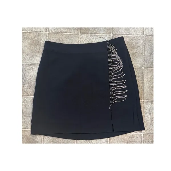 Vero Moda Black VMKASEY HW Mini Skirt Rhinestone Fringe Slit NWT Size M 10276141 - Image 2