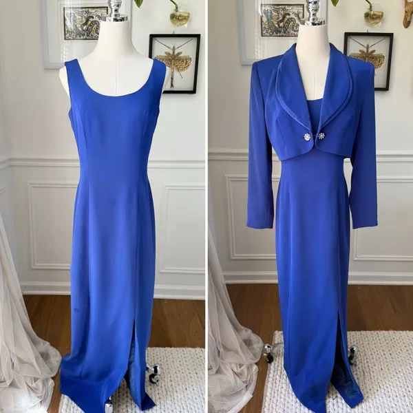 Vintage 90s Black Tie Oleg Cassini Cobalt Blue 2pc Column Gown Dress Bolero Jack - Image 2