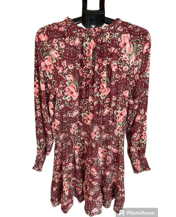 Aerie burgundy floral mini dress, gathered waist & cuffs, size L - Image 5