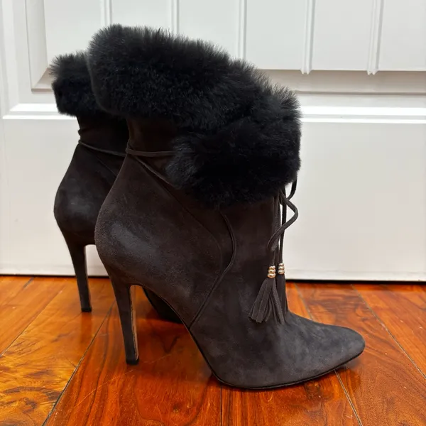 Oscar De La Renta Suede and Real Fur Heeled Ankle Booties Grey 9.5 40 - Image 2