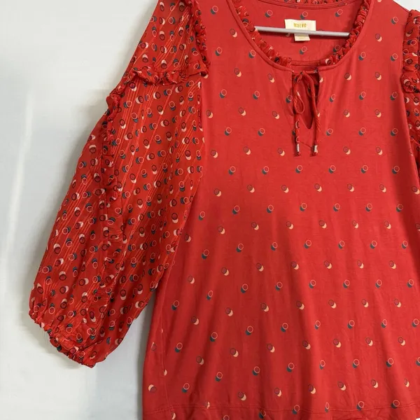 Anthropologie Maeve‎ Size-S Womens Jacquin Lace Sleeve Blouse Orange - Image 11