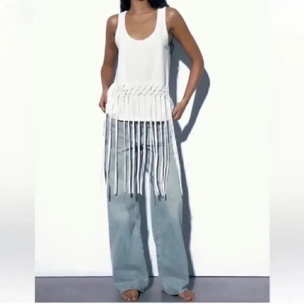 Zara White Fringe Sleeveless Cotton Top (Size Medium) - Image 3