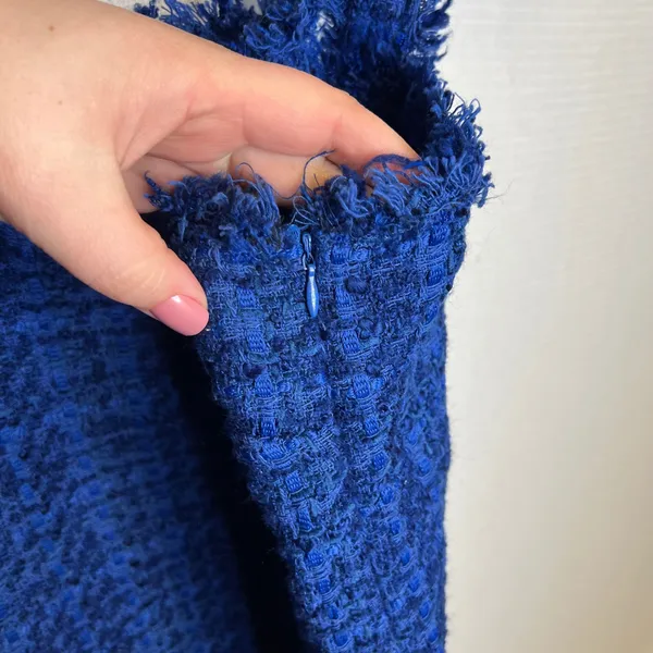 Zara Blue Tweed Mini Dress Pinafore‎ Frayed Trim Pearl Button Large L 8920/221 - Image 4
