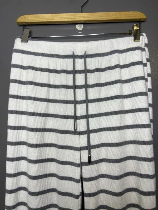 Como Sleep Pajama Set Womens Medium White Gray Stripe Knit Top Pants Lounge - Image 8
