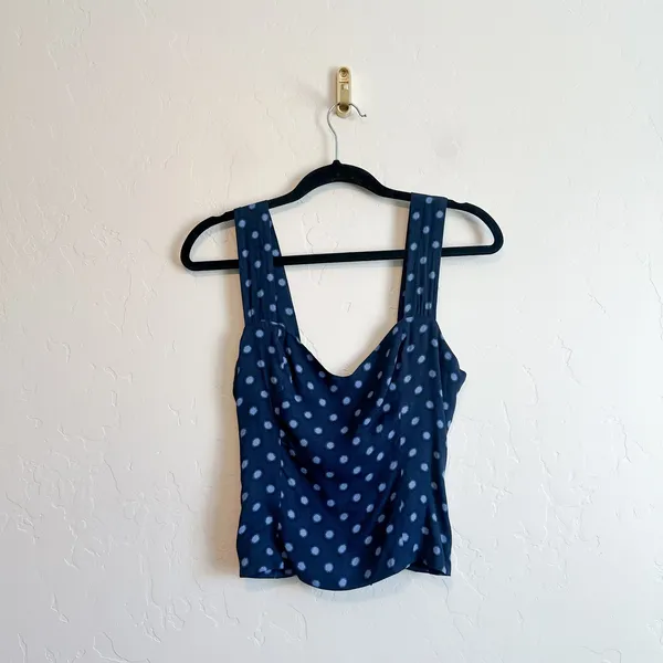 Reformation | Hester Polka Dot Draped Tank Top in Blue | Size 6 - Image 4