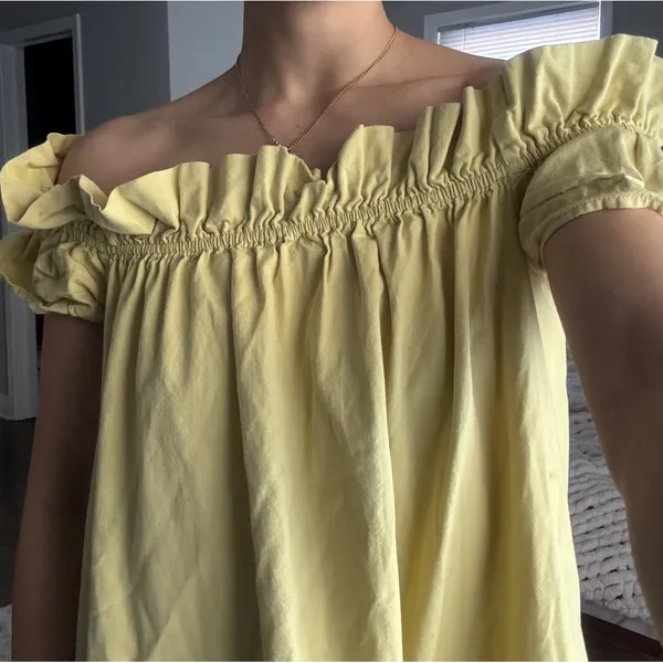Free people Sophie ruffle sleeve slip mini dress off shoulder chartreuse pockets - Image 4
