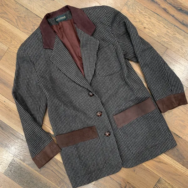 Houndstooth Harve Benard Vintage Leather Trim Blazer Jacket Size Medium - Image 2