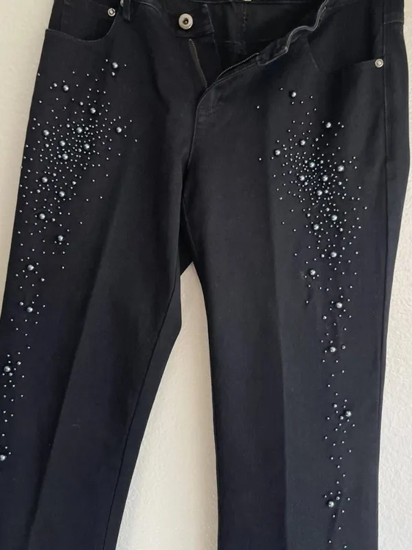 Cache Embellished Flare Jeans Size 4 Y2K Faux Pearl Beaded Black Denim Pants - Image 15