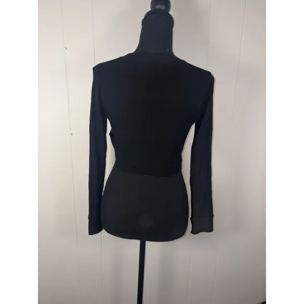 Talentless Womens Small Ribbed Knit Long Sleeve Cropped Tee Black Crew Neck - Image 2