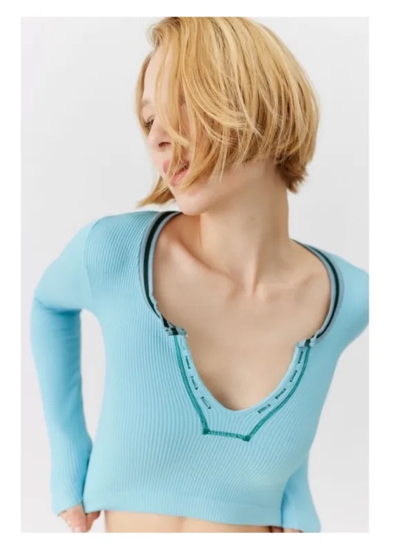 $60 NWT Urban Outfitters Out From Under Go For Gold Baby Blue Seamless Long Slee - Image 3