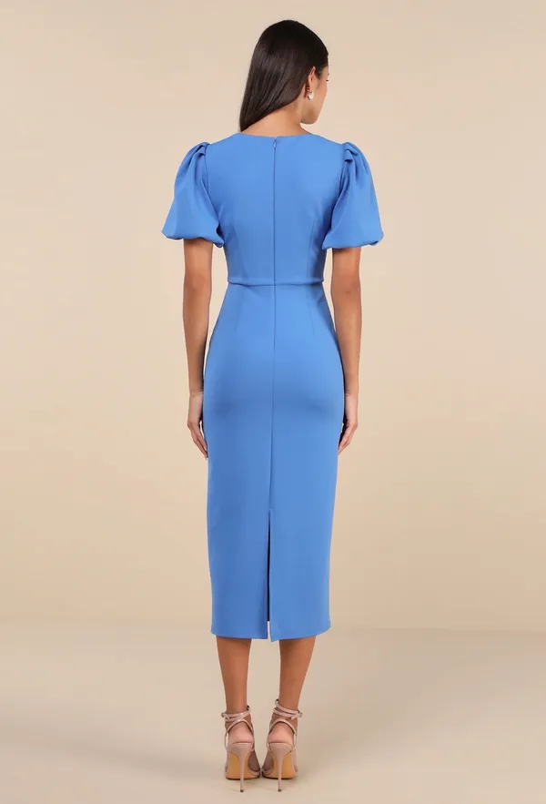 Lulus Blue Puff Sleeve Bodycon Midi Dress - Image 2