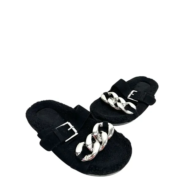 Marc Fisher LTD Fresno‎ Black Leather Faux Fur Chain Slide Sandals Size 6 - Image 8