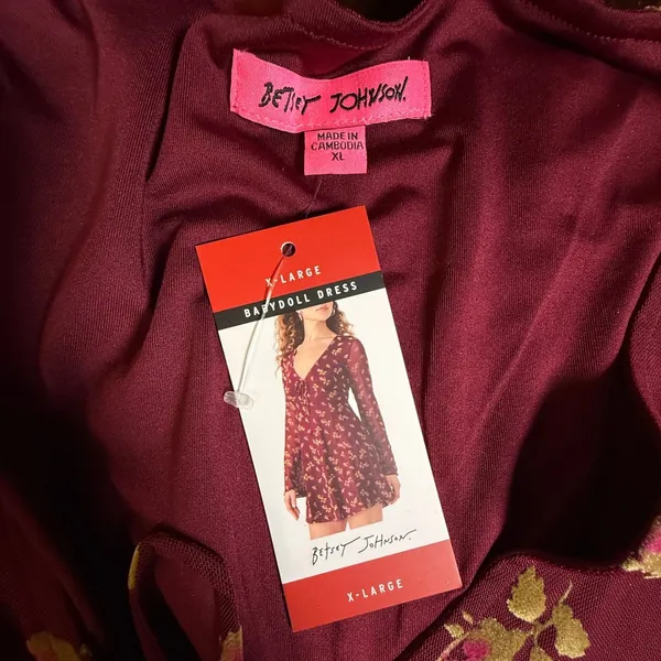 Betsey Johnson Babydoll Dress XL Red‎ Gold Floral Flocked Tie Front Y2K Style - Image 7