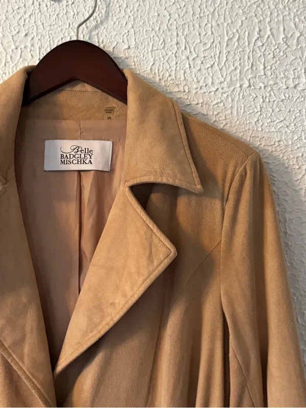 Badgley Mischka Tan Faux Suede Camel Long Belted Trench Coat - Image 4
