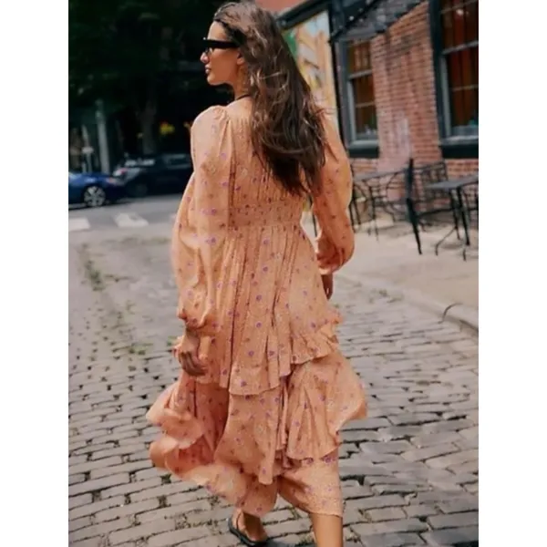 Free People Bohemian Gypsy Tiered Ruffle Maxi Dress Size Large Plunge Billowy - Image 4